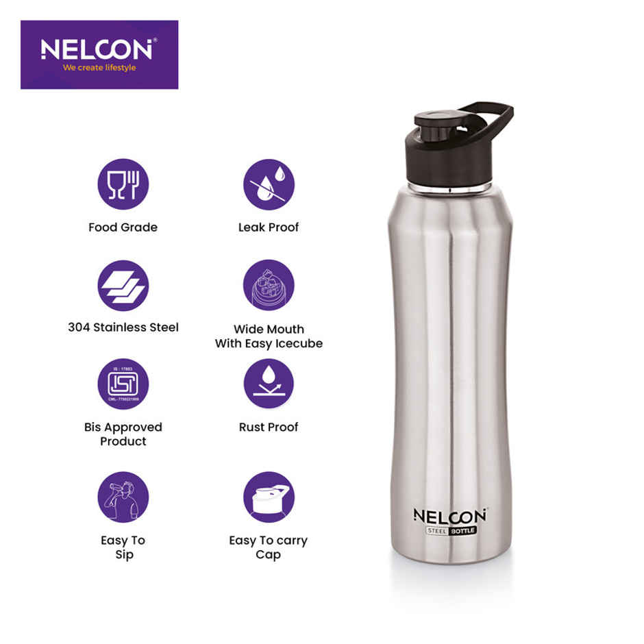 Nelcon Stainless Steel Elito Sipper Sports Water Bottle | Silver | 1 L