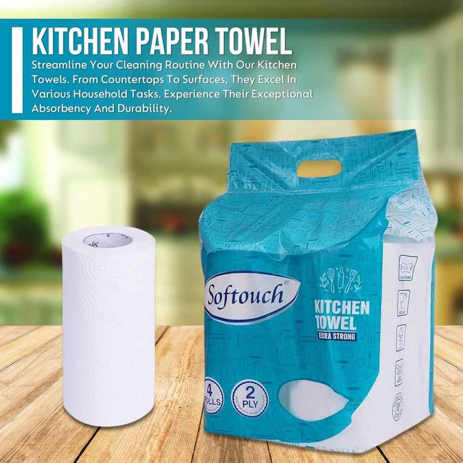 Softouch 2 Ply Kitchen Tissue/Towel Paper Roll, Soft And Highly Absorbent - 4 Rolls
