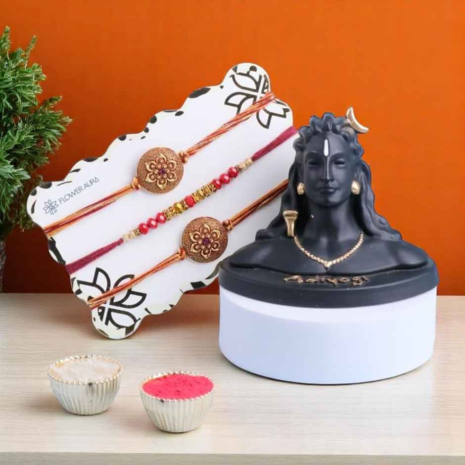 FlowerAura Floral Beaded Pendant Rakhi - Antique Finish