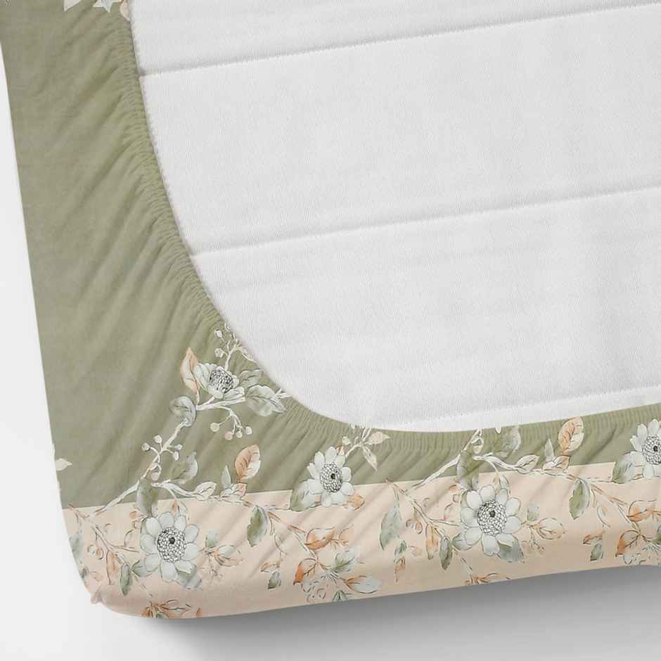Florida Elastic Fitted Double Poly-Cotton Floral Bedsheet, 2 Pillow Covers | Beige&Green, 90x100in