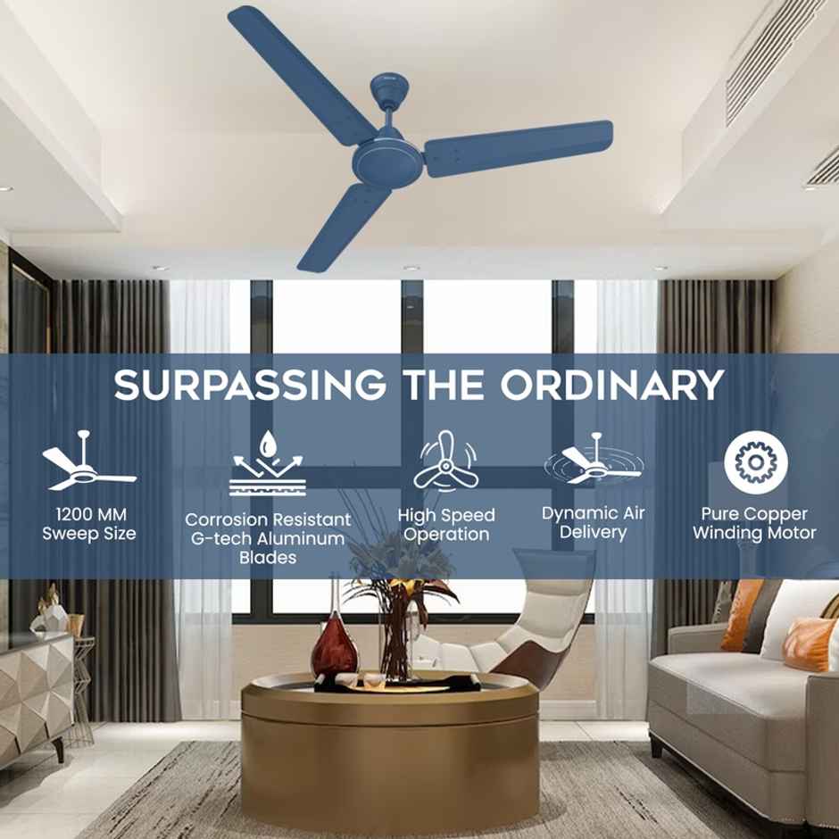 Polycab Nippy Ceiling Fan,1200mm,Star Rated,100% Copper,Corrosion Resistant G-Tech Blades,Matt Blue