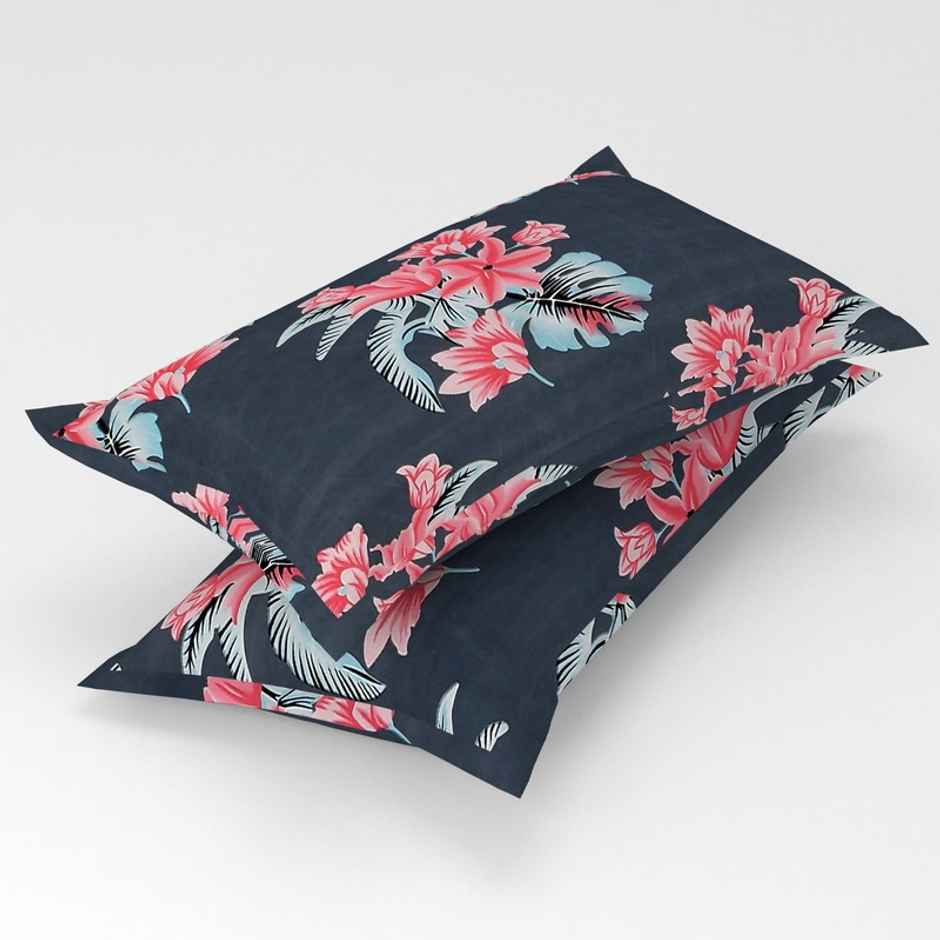 Florida Elastic Fitted Double Cotton Floral Bedsheet | With 2 Pillow Covers | Blue | 90 x 100 in