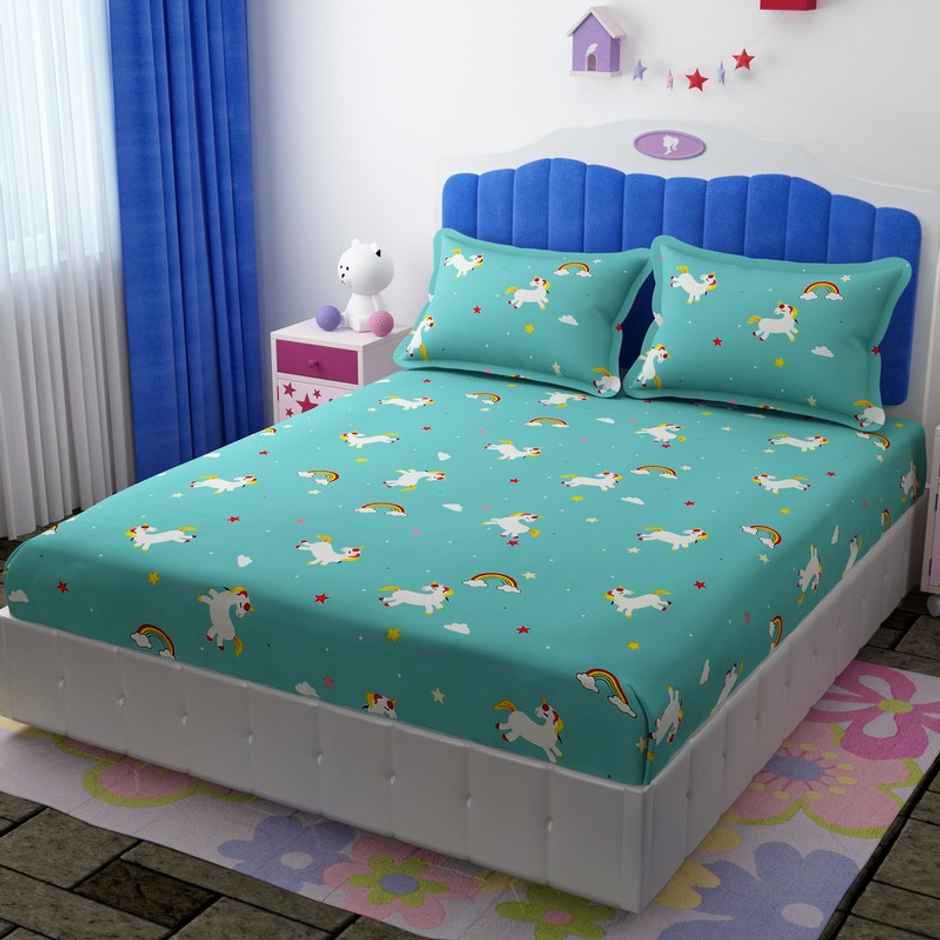Florida Giggles Kids Elastic Fitted Bedsheet for Double Bed - Pillow Covers - Poly-Cotton