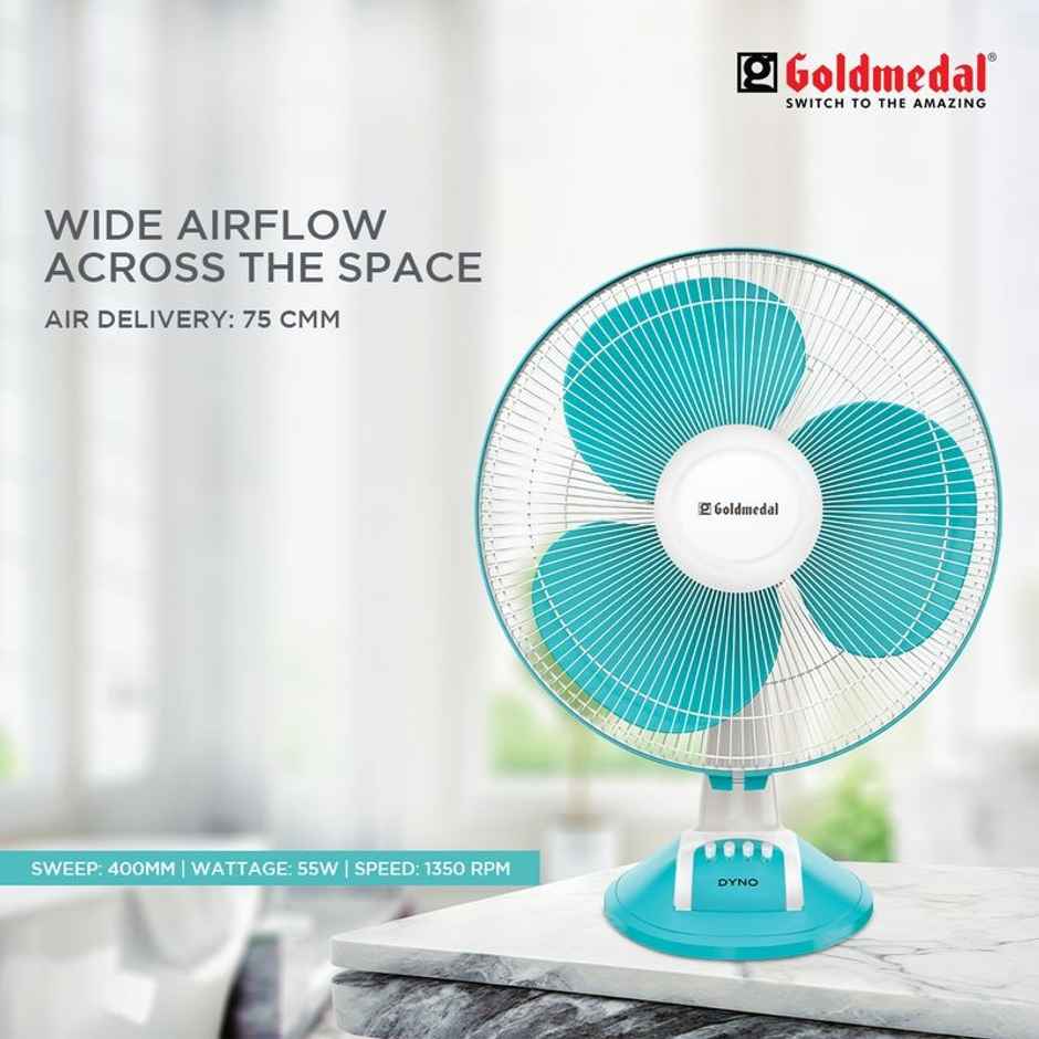 Goldmedal Dyno Table Fan, 400mm, High RPM, 100% Copper Motor, High Air Delivery, Turquoise White