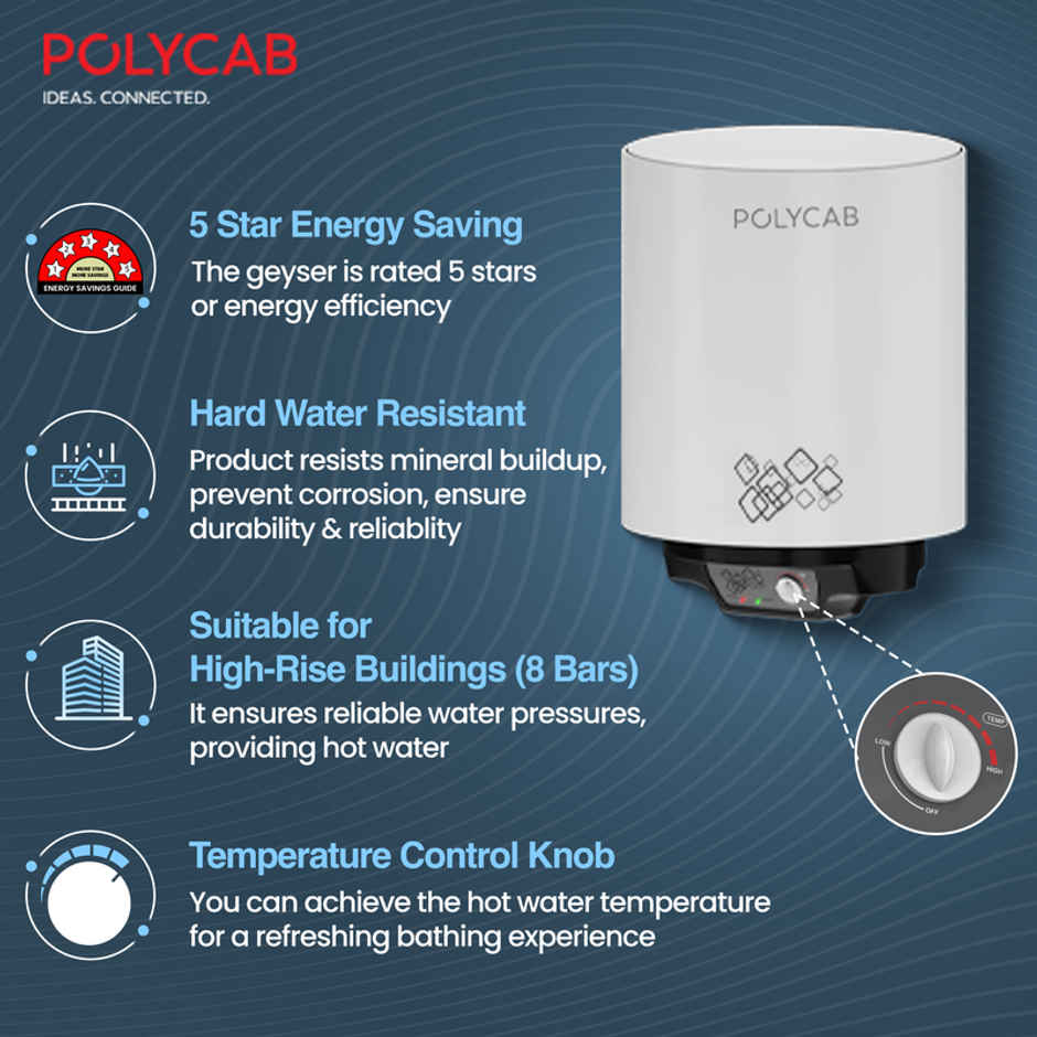 Polycab Celestia 5-Star, 10 Litre, 2Kw Electric Storage Geyser (Water Heater White
