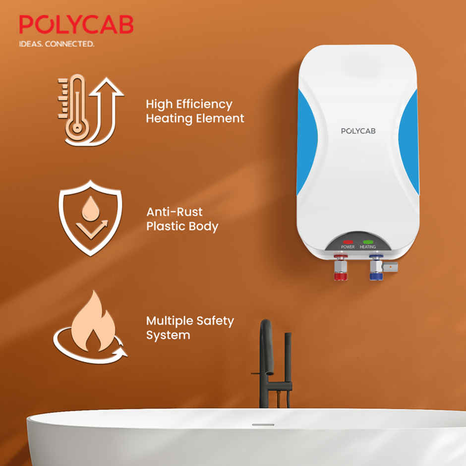 Polycab Intenso 3Litre,3Kw Electric Instant Geyser Water Heater Efficient Heatingelement-White Blue