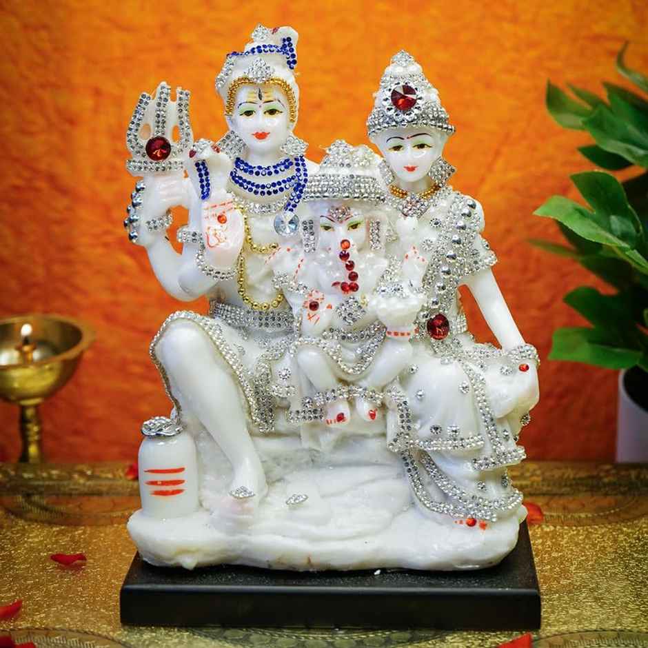 Ekhasa Marble Dust Shiv Parivar Murti | 8 Inch | Gemstone Studded Shiv Parvati Murti For Pooja