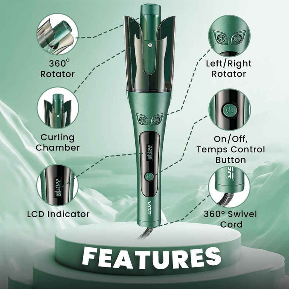 VGR V-583 Professional Automatic Hair Curler | 220 Degree Max Heat | 360 Degree Swivel Cord | Green