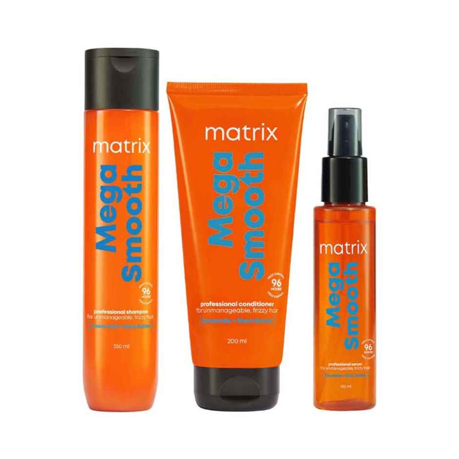 Matrix Mega Smooth Shampoo, Conditioner & Serum Combo, Defy Frizz For 4 Days, For All Hair Types