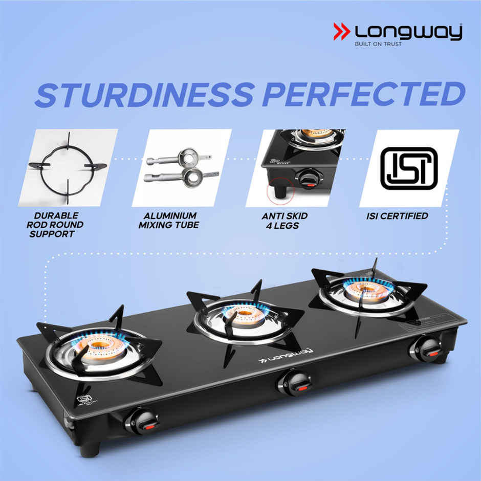 Longway 3 Burner Furn Glass Top | Manual Ignition Glass Gas Stove | ISI Certified