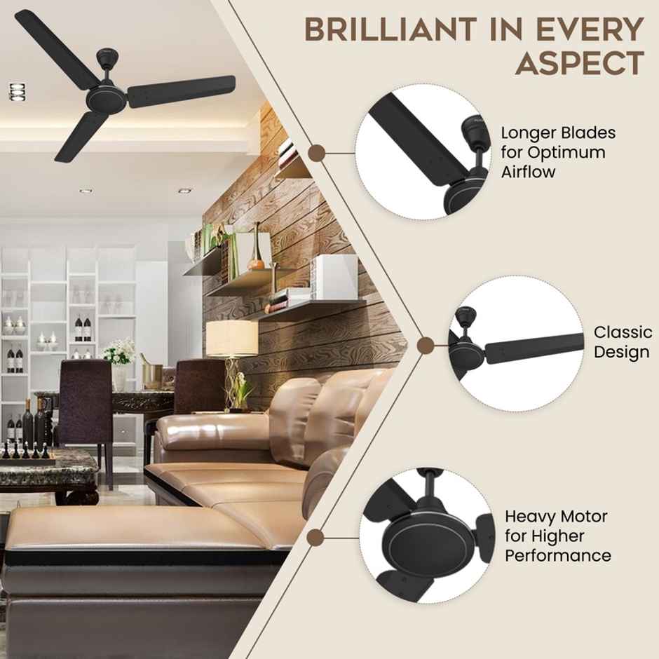 Polycab Nippy Ceiling Fan,1200mm,Corrosion Resistant G-Tech Blades,1 Star,Matt Black