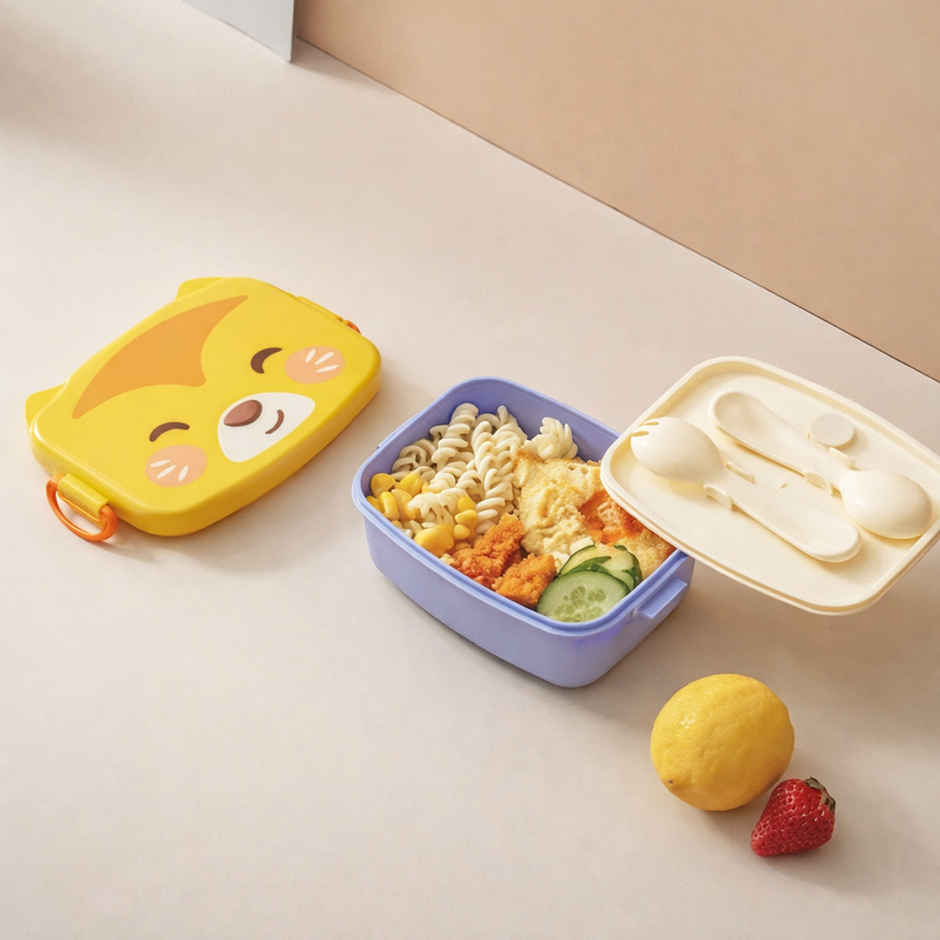 DesignLand Cute Cartoon Kids Lunch Box with Spoon & Fork | Yellow & Purple