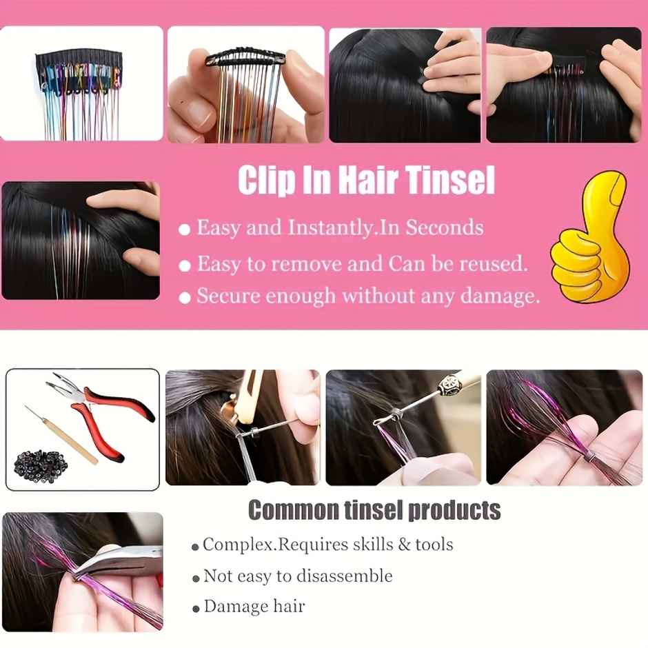 CHRONEX Hair Tinsel Clip In 20 Inch Glitter Heat Resistant Extensions Assorted