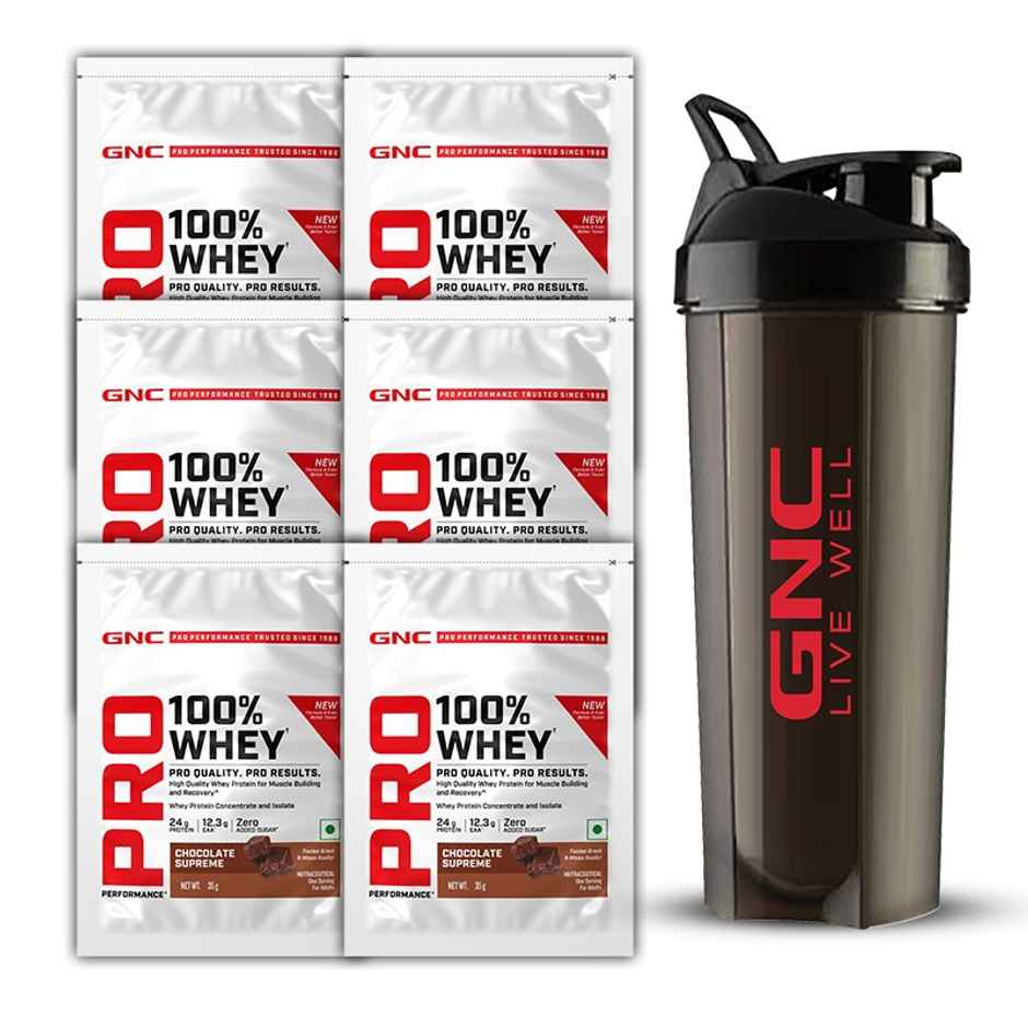 GNC 6 Pro Performance Whey Protein Sachets + Free Shaker