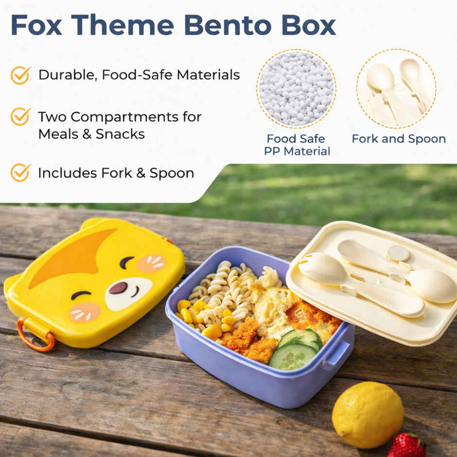 DesignLand Cute Cartoon Kids Lunch Box with Spoon & Fork | Yellow & Purple