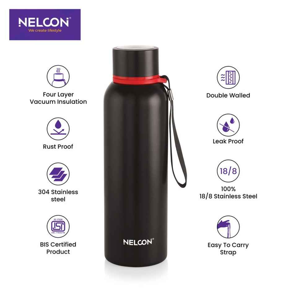 Nelcon Stainless Steel Leo Flask | ISI Certified | Bpa Free | Durable | Leak Proof | 750 ml | Black