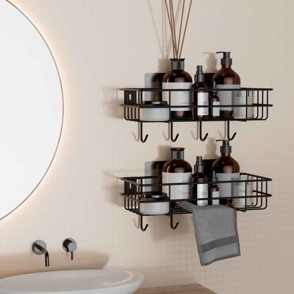 Lorazzo Bathroom Organiser Shelves With Hooks - Self Adhesive Without Drill
