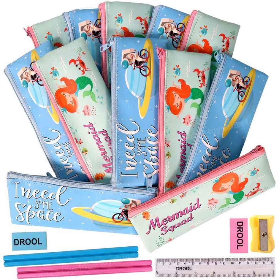 Toyshine Pack Of 12 Space & Mermaid Soft Pencil Storage Case Pouch With Stationery Return Gifts
