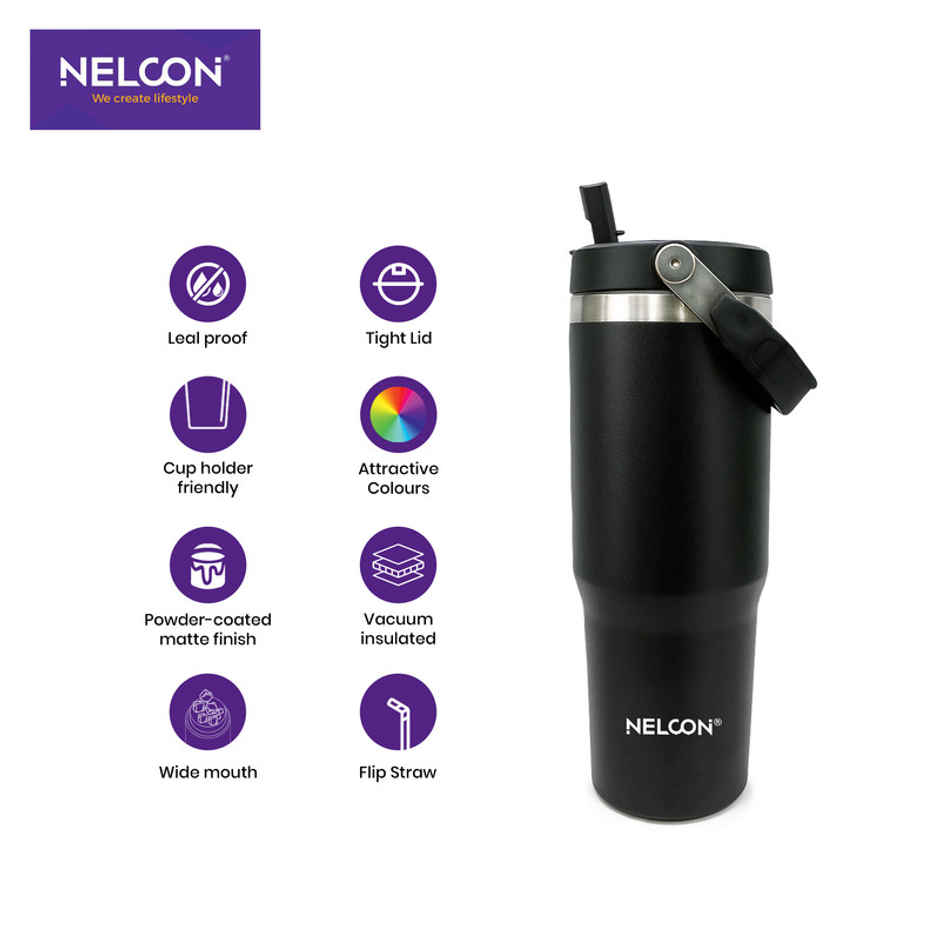 Nelcon Travel Mate Insulated Tumbler | Double Wall Stainless Steel Flask | Black | 900 ml