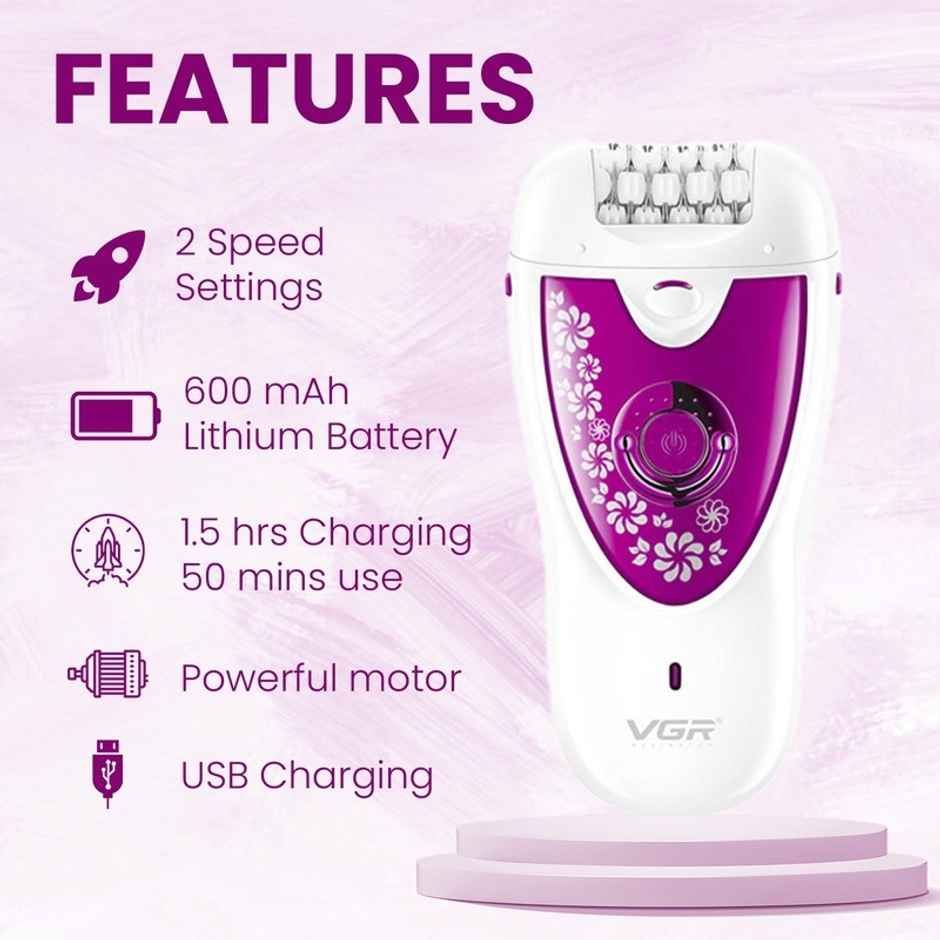 VGR V-722 2-in-1 Cordless Epilator & Shaver | Wet/dry Use | 35min Runtime | Pink