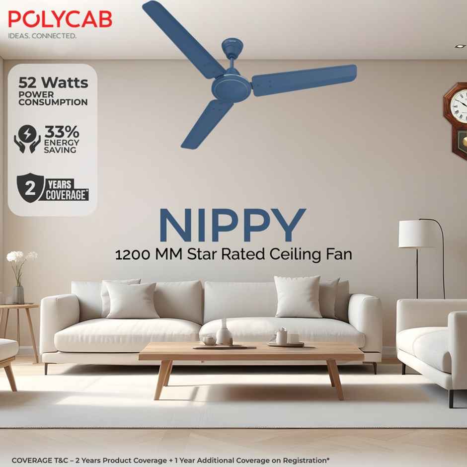 Polycab Nippy Ceiling Fan,1200mm,Star Rated,100% Copper,Corrosion Resistant G-Tech Blades,Matt Blue