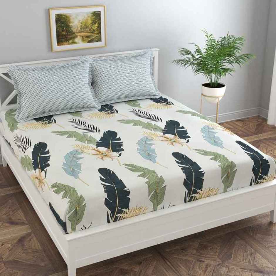 Florida Reeva Elastic Fitted Double PolyCotton Floral Bedsheet, 2 Pillow Covers,78x72in