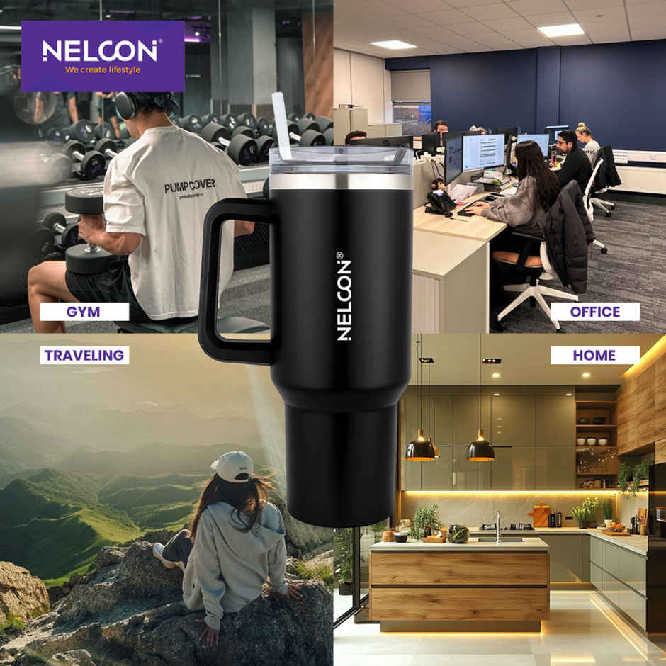 Nelcon SipJoy Vacuum Insulated Water Tumbler With Straw | Matt Finish | Black | 900 ml