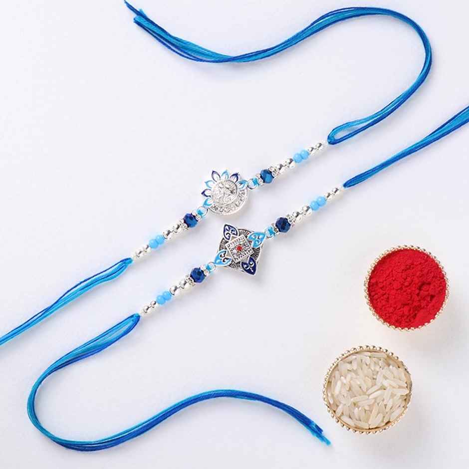 FlowerAura Fancy Blue Zircon Premium Rakhi Set Of 2