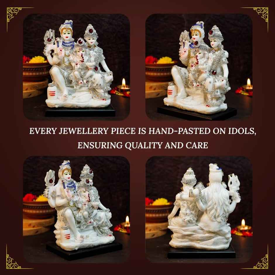 Ekhasa Marble Dust Shiv Parivar Murti | 8 Inch | Gemstone Studded Shiv Parvati Murti For Pooja