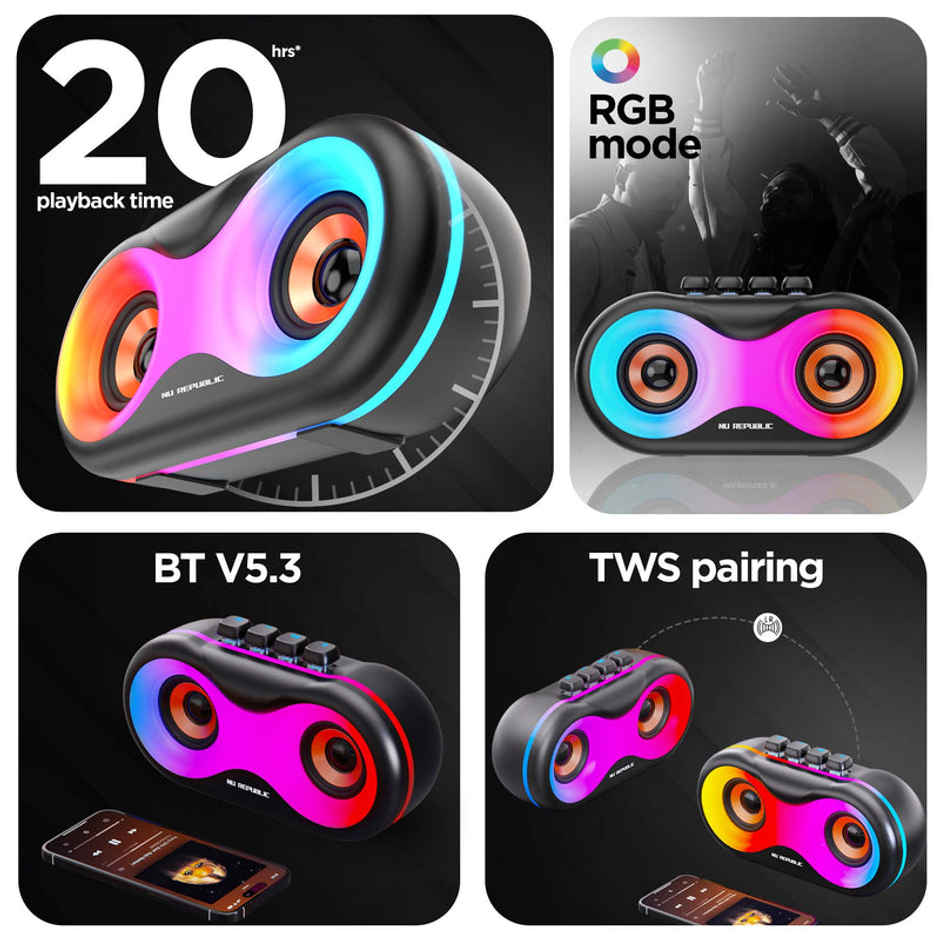 Nu Republic Sonicpop 160 With 20 Hrs Playtime, 52mm Dual Drivers, RGB LED Lights, 16W Output Bluetooth Wireless Speaker (Black)