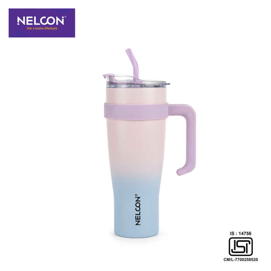 Nelcon Gripsip Double Walled Water Tumbler With Straw | Dual Shade | Light Pink & Blue | 1.2 L