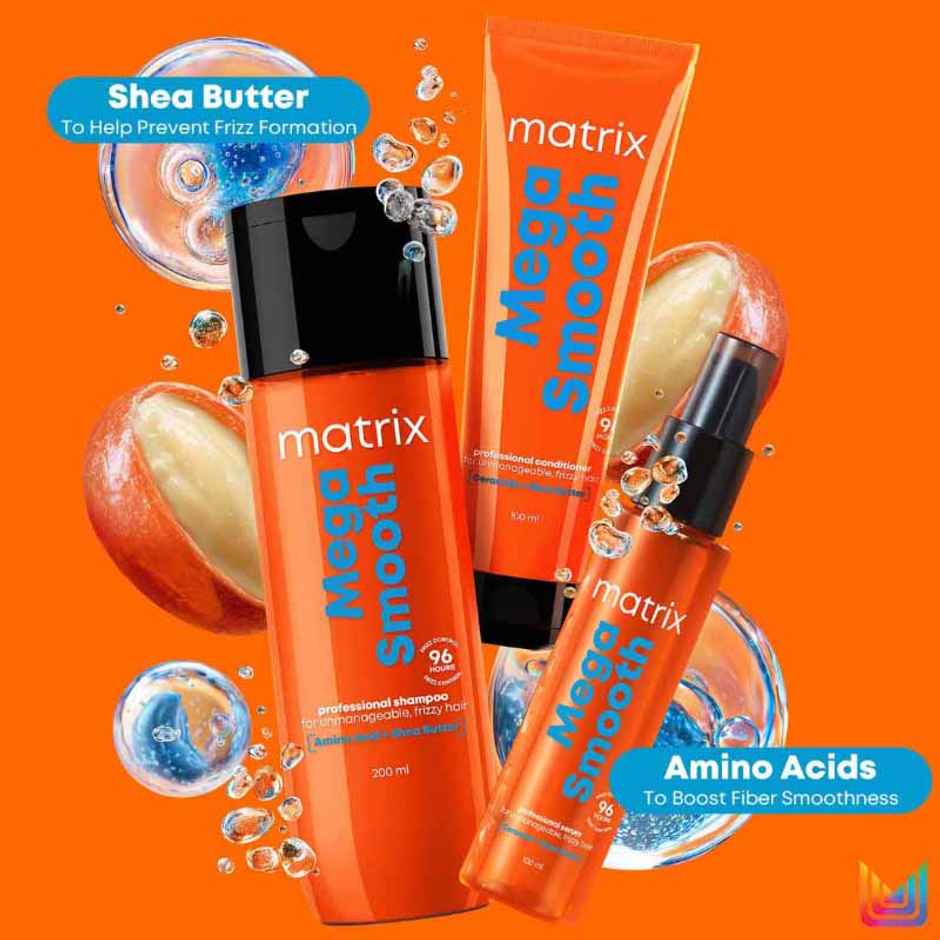 Matrix Mega Smooth Shampoo, Conditioner & Serum Combo, Defy Frizz For 4 Days, For All Hair Types