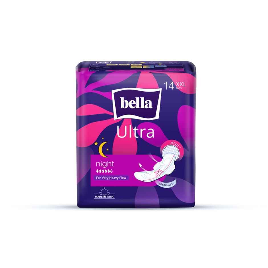 Bella Ultra Night Drai Pads | Breathable | Drai Topsheet | Rash Free Perios | XXL | 14 pcs