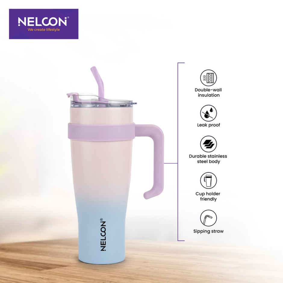 Nelcon Gripsip Double Walled Water Tumbler With Straw | Dual Shade | Light Pink & Blue | 1.2 L