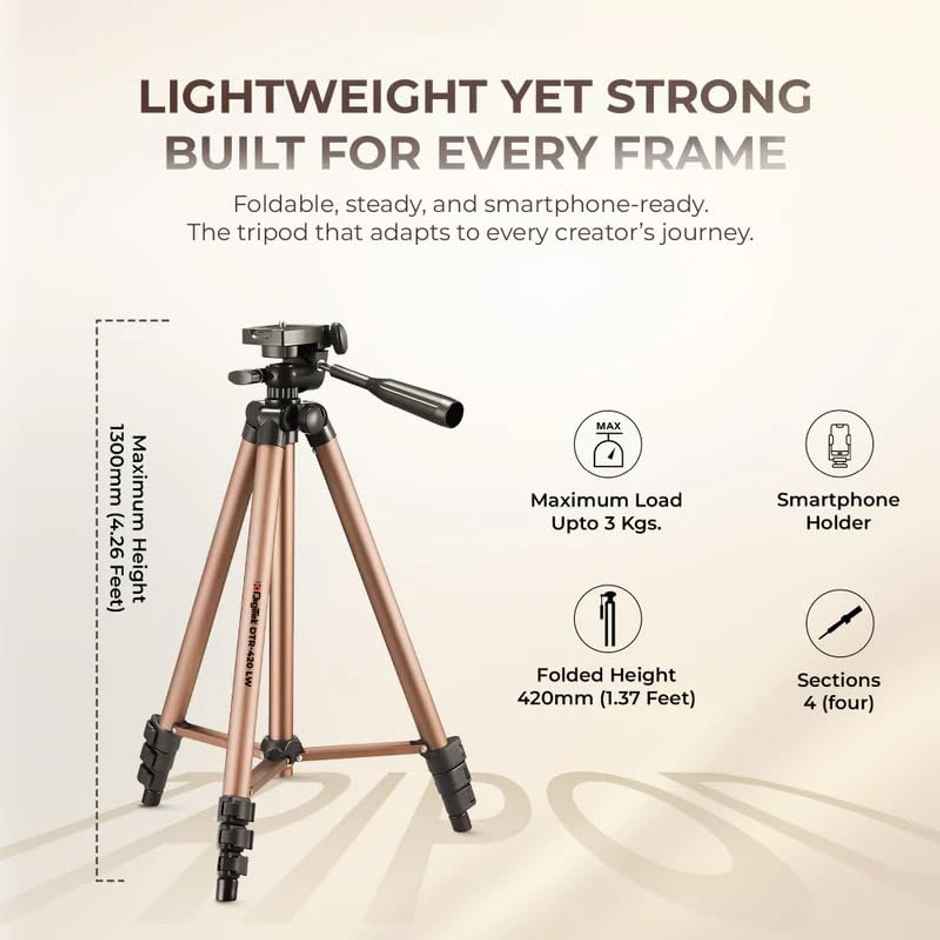 DTR 420LW Aluminium Tripod Stand | 4.26 ft Height | For Smartphones & DSLRs | 3 kg Load | 3 Way Head, Quick Release, Stable Stand, Phone Holder