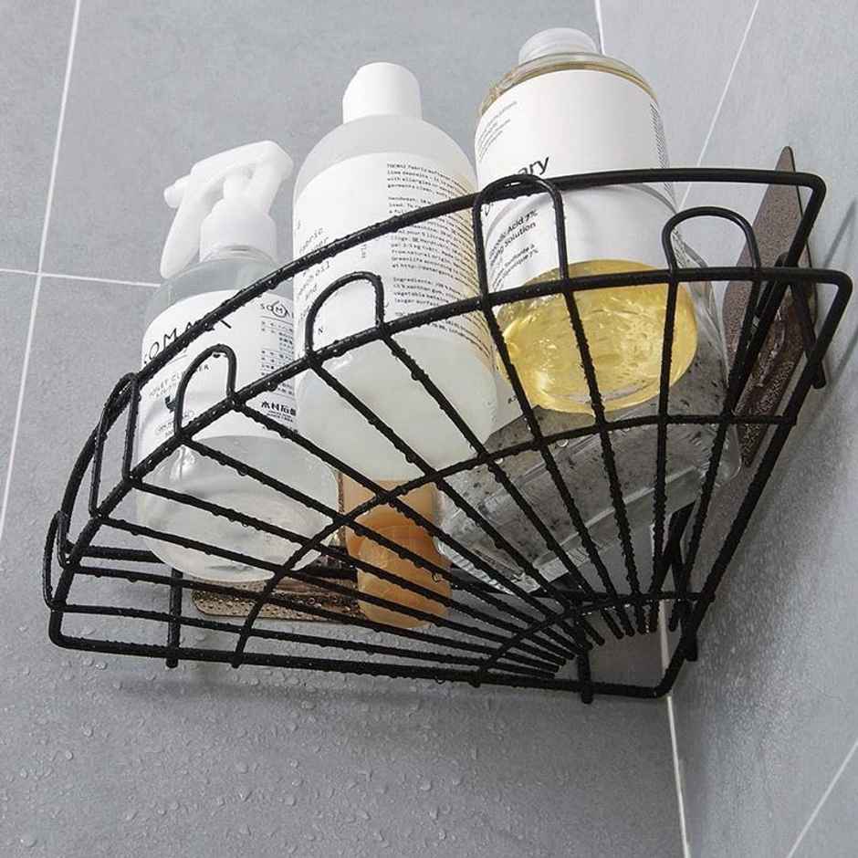 Zedak Self Adhesive Bathroom Corner Shelf  | Racks With Hooks | Metal | Black