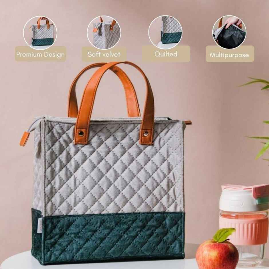 Nestasia Luxe Velvet Lunch Bag Grey And Green