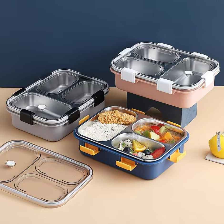Clazkit 3 Compartment Stainless Steel Lunch BoxPack of 1 Blue,750ML