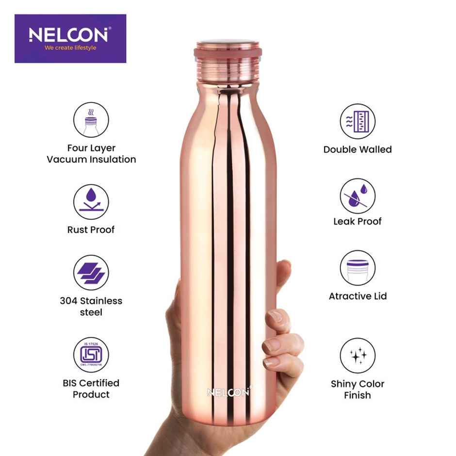 Nelcon Stark Vacuum Flask SS Bottle | 1 L | School | Hiking | ISI Certified | Rose Gold