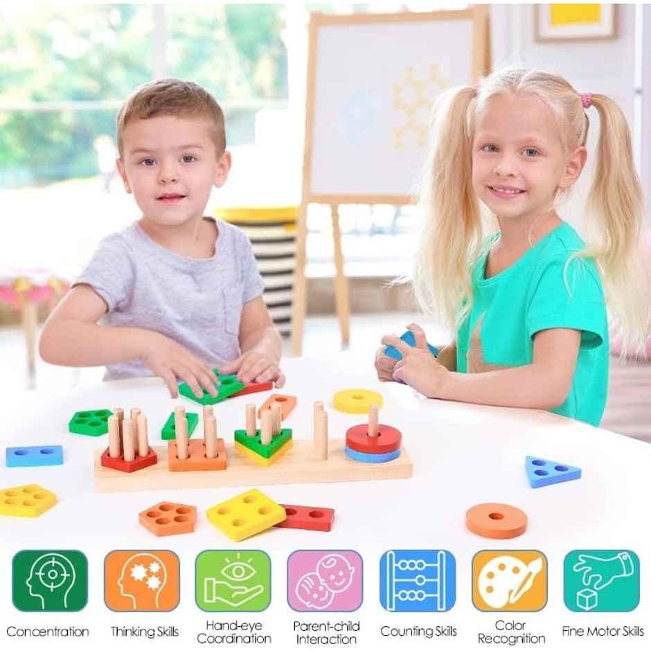 Fablue Wooden Geometric Shape Sorting And Stacking Blocks - Educational Learning Puzzle Toy