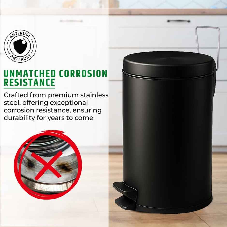 Robustt Stainless Steel Dustbin - 5 L | Black