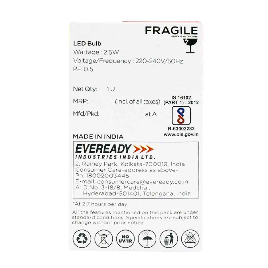 Eveready 2.5 W LED Bulb Cool Day White | 6500K | Energy Efficient | B22 Base Holder