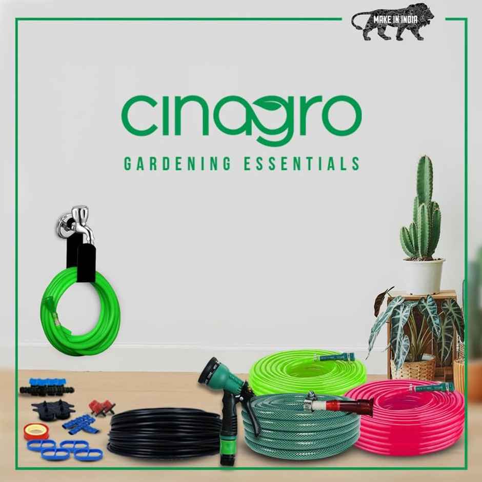 Cinagro Water Hose Pipe with Spray Gun, Tap Adapter & 3 Clamps | 5 m - Pink (Gardening, Car Washing)