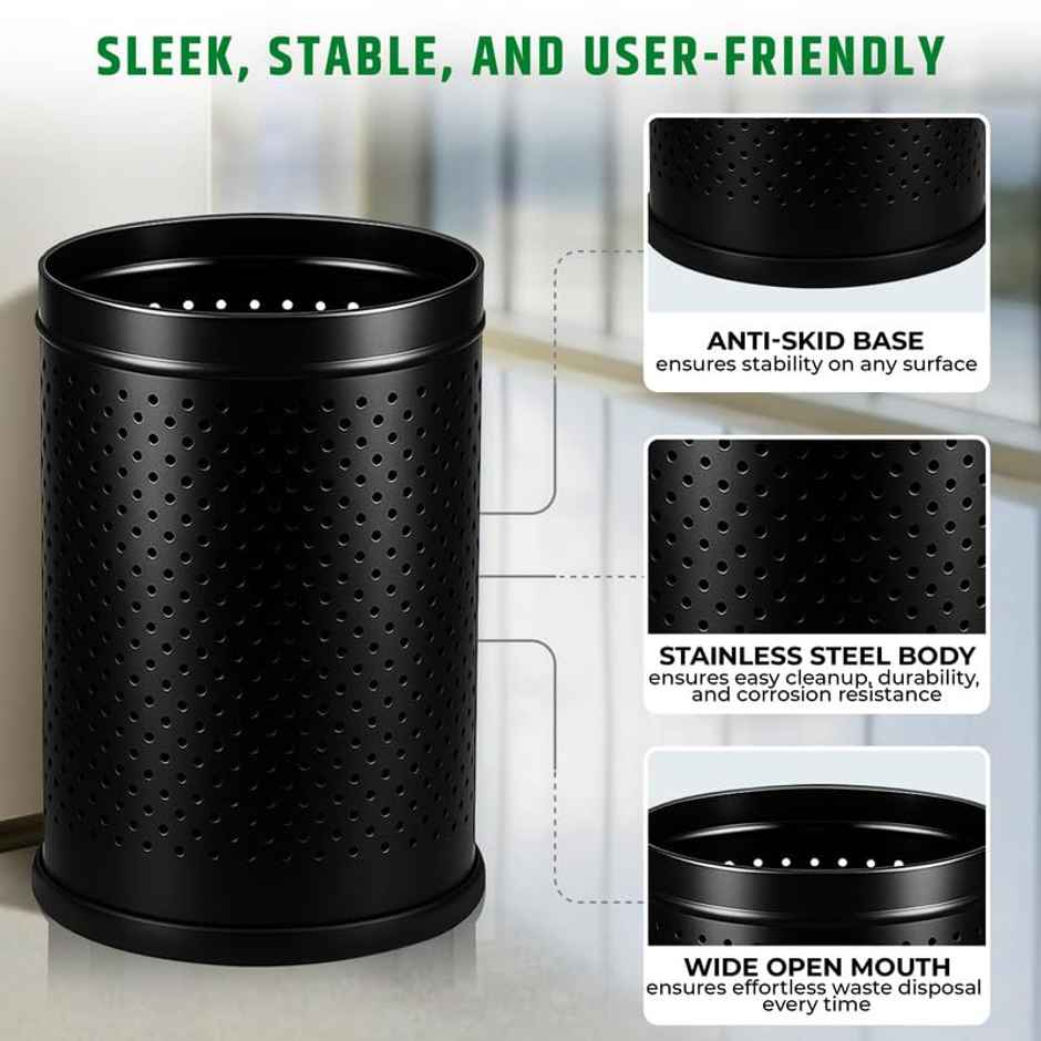 Robustt Stainless Steel Open Top Dustbin Trash Can | Bathroom, Kitchen & Toilet | Black - 6L