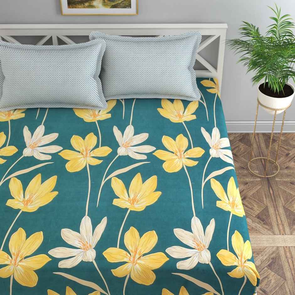 Florida Reeva Elastic Fitted Bedsheet for Double Size Bed with Pillow Covers & Made of Cotton