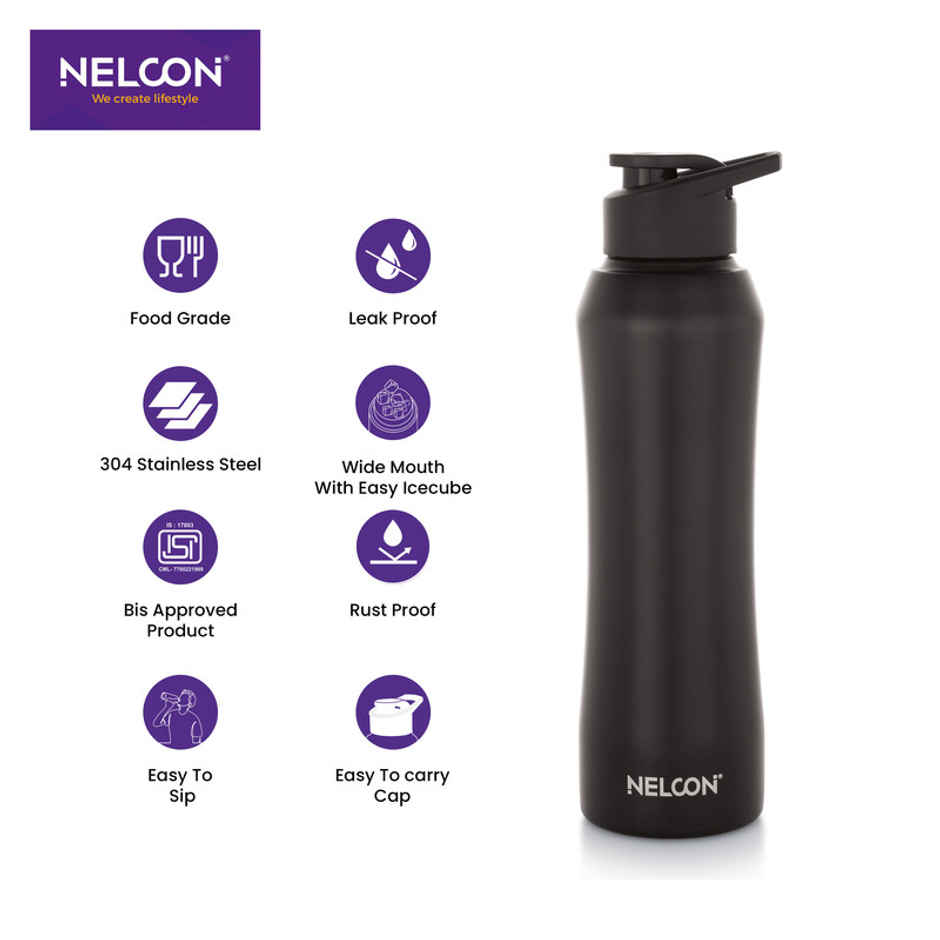 Nelcon Stainless Steel Elito Sipper Sports Water Bottle | Black | 1 L