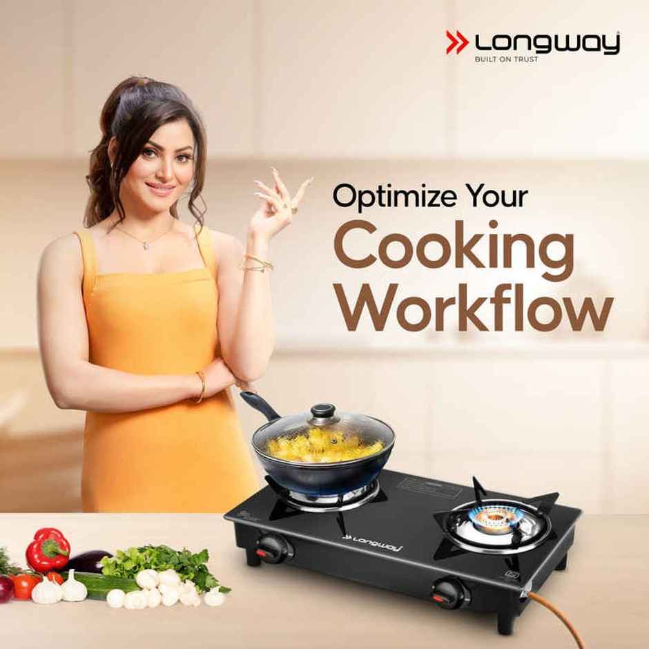 Longway 2 Burner Furn Glass Top | Auto Ignition Glass Gas Stove | ISI Certified | Black