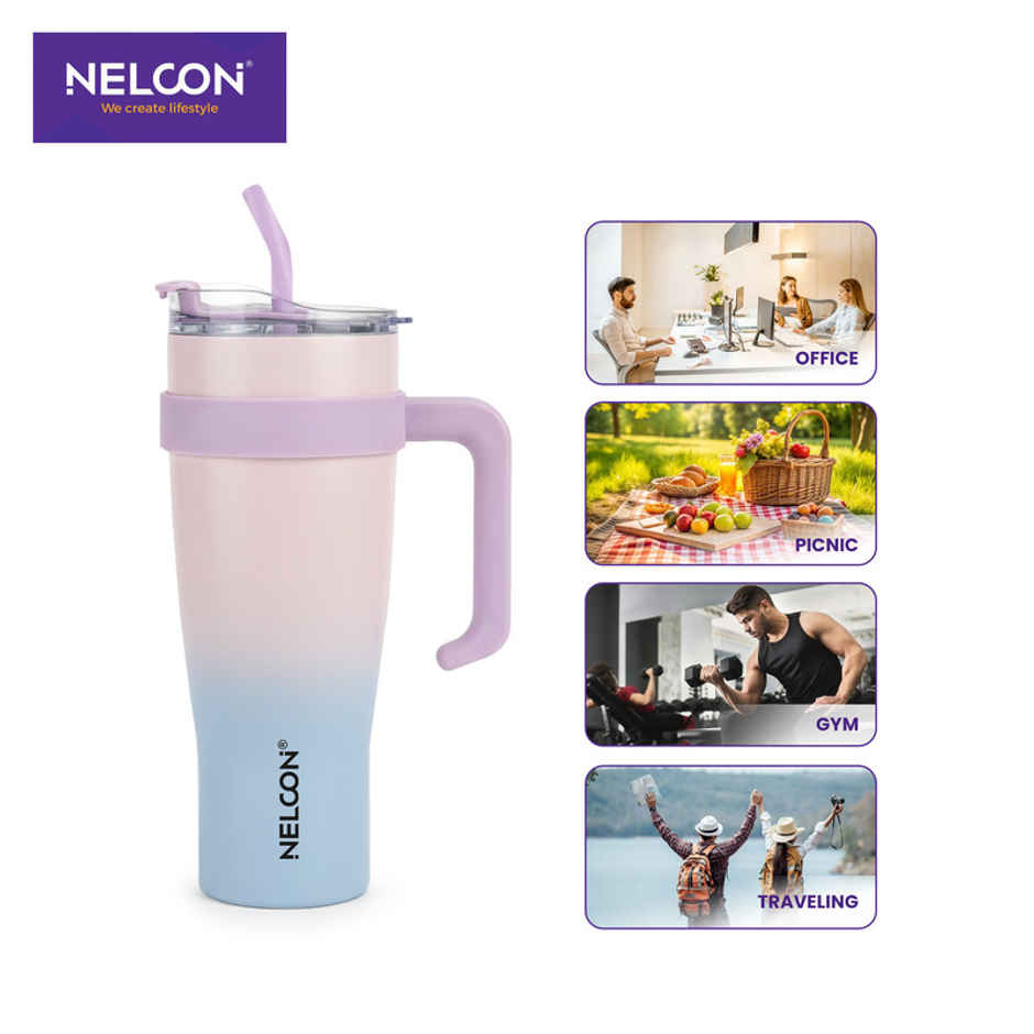 Nelcon Gripsip Double Walled Water Tumbler With Straw | Dual Shade | Light Pink & Blue | 1.2 L