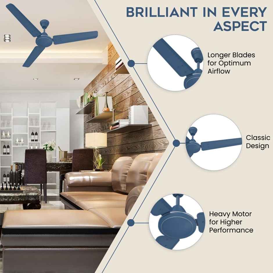 Polycab Nippy Ceiling Fan,1200mm,Star Rated,100% Copper,Corrosion Resistant G-Tech Blades,Matt Blue