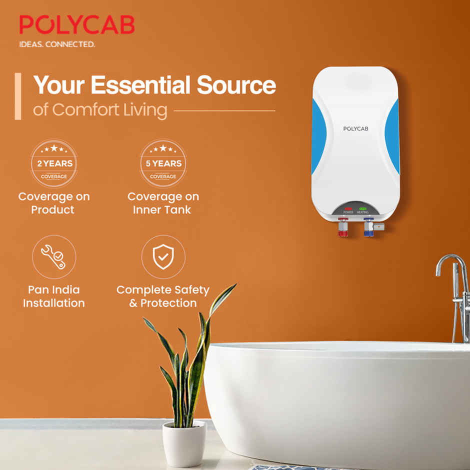 Polycab Intenso 3Litre,3Kw Electric Instant Geyser Water Heater Efficient Heatingelement-White Blue